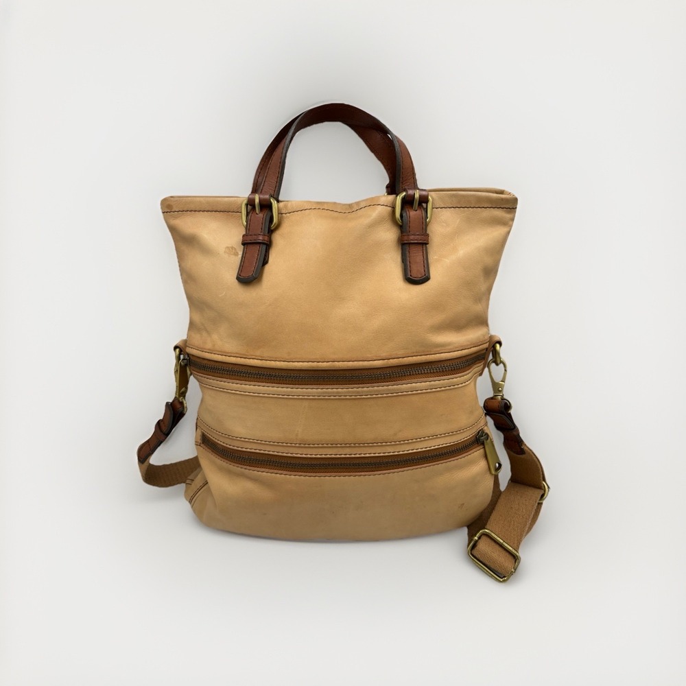Fossil Explorer Fold-Over‎ Leather Crossbody Messenger Shoulder Bag Tote Tan